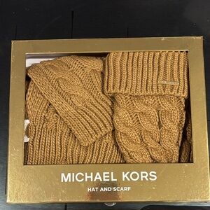 Michael Kors Gold Cable Knit Hat and Scarf Set